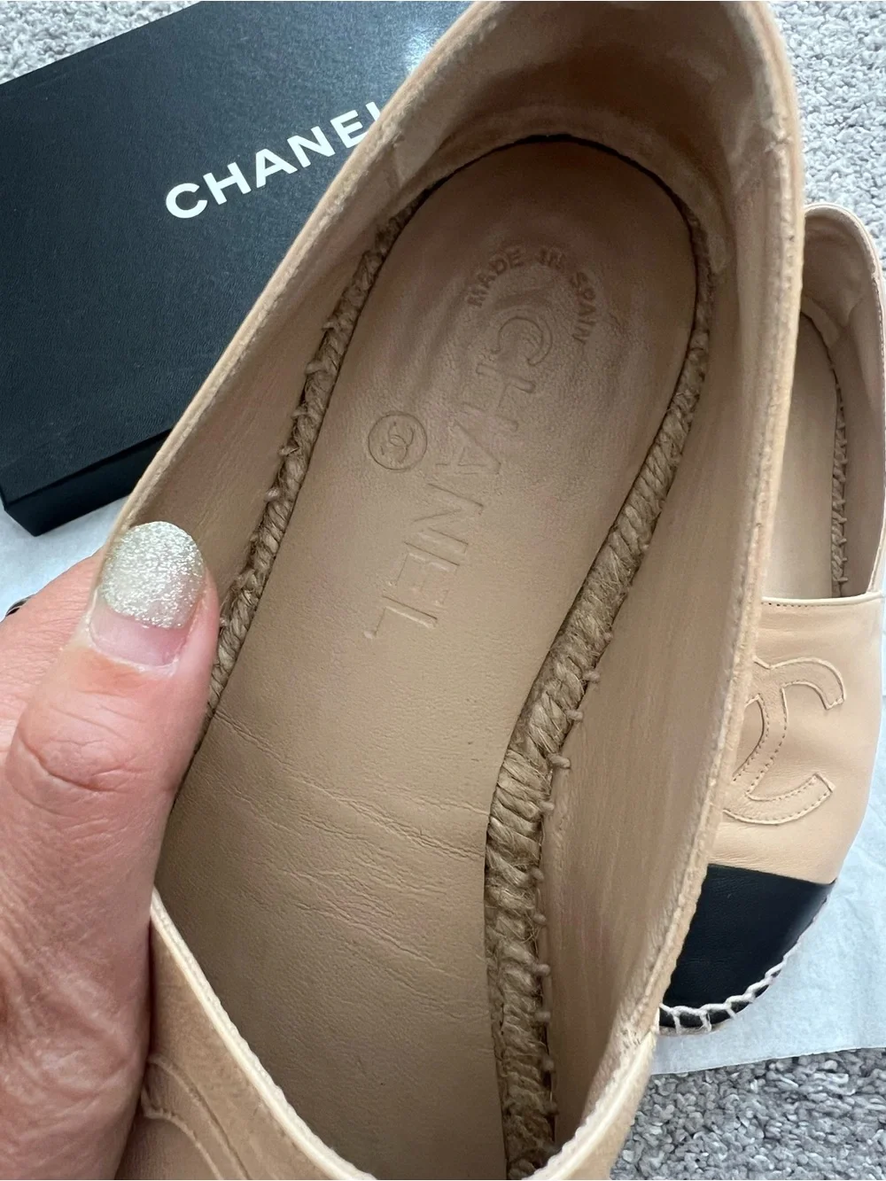 CHANEL Women's Beige and Black Leather Espadrille Flats